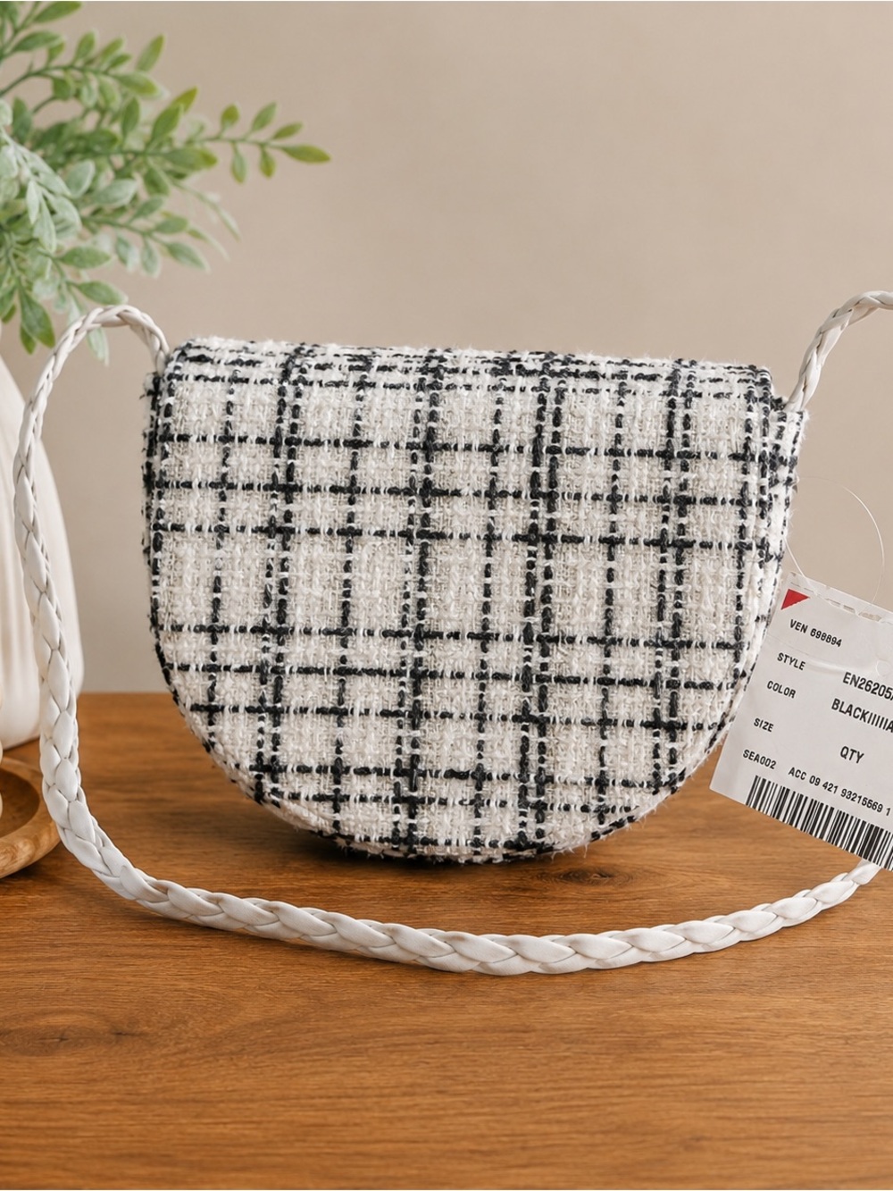 Black & White Tweed Mini Crossbody Bag Braided Strap NWT